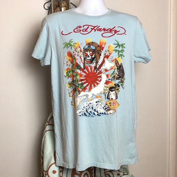 Ed Hardy Other - ✄🏷Ed Hardy Graphic Tee, Light Blue, 100% Cotton